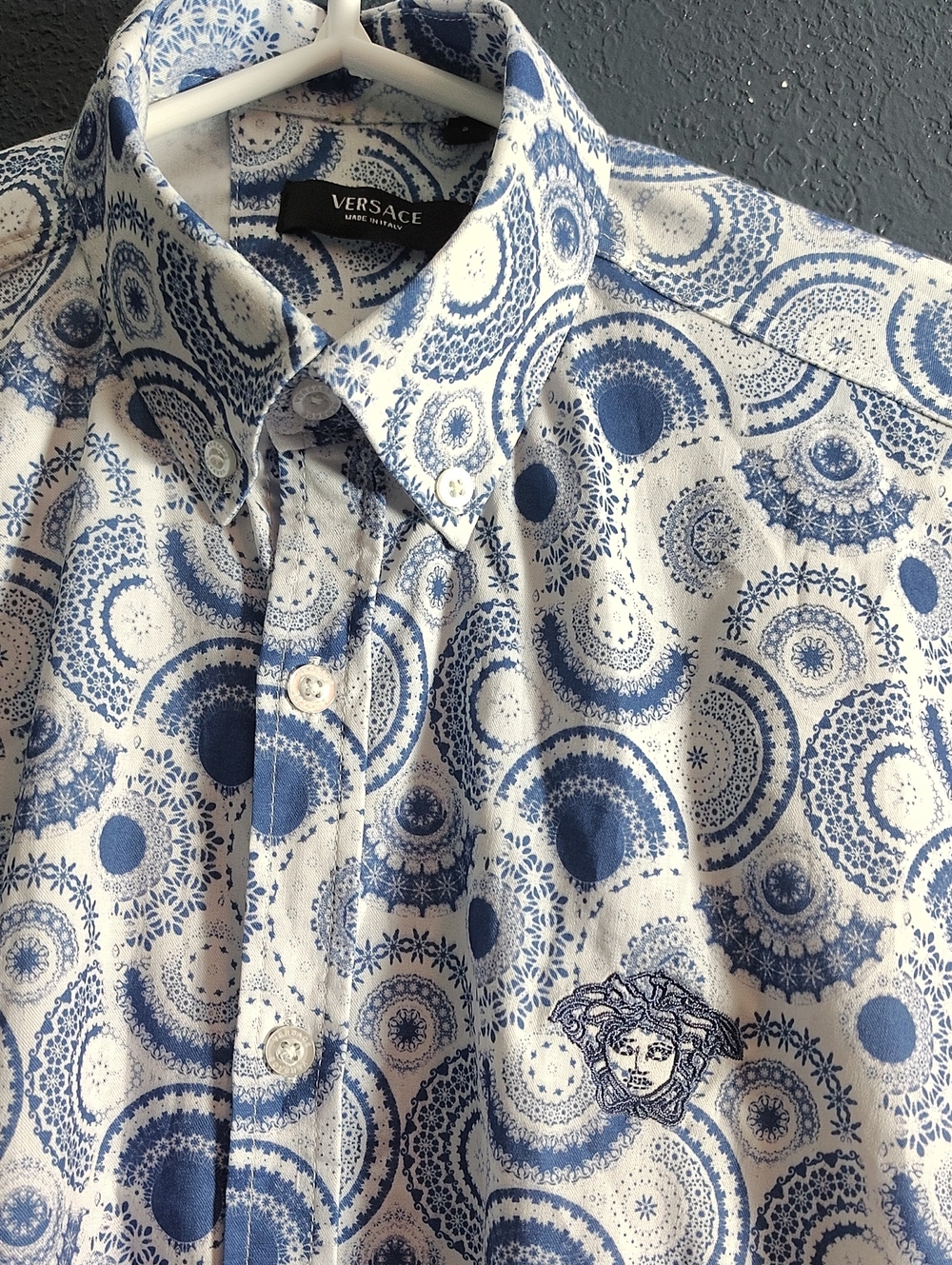 Versace Main Line Cotton Button Down Shirt Blue White Embroidery Medusa Size S